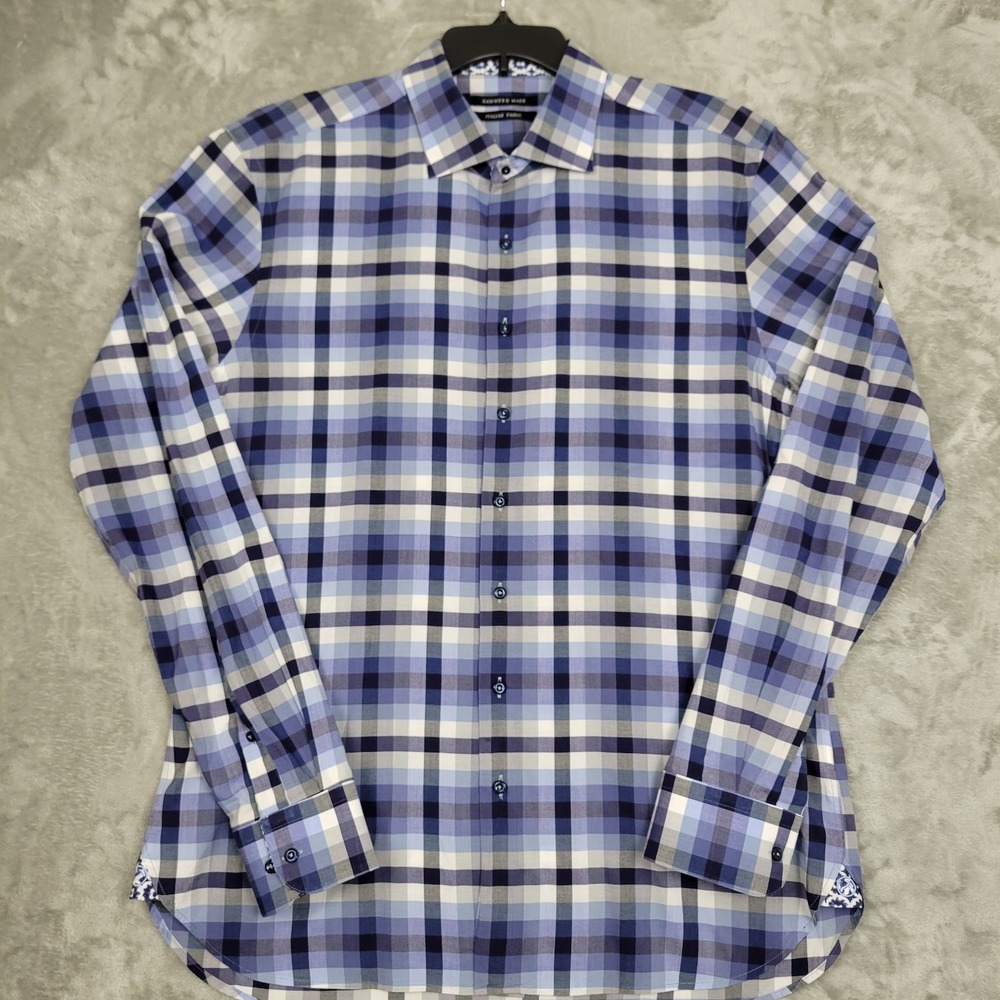 Hammer Made Mens XL 44/17.5 Slim Button Down Shirt Blue Plaid Flip Cuff Cotton